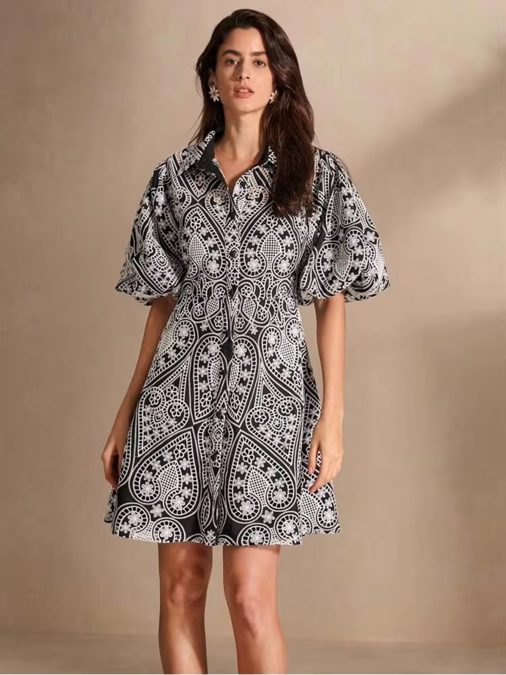 Black & White Lace-Pattern Puff Sleeve Dress (NWOT)